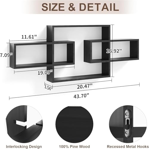 Image of Wooden Wall Shelves for Living Room, Bedroom Wall Mounted Rectangle Bookcase, Intersecting Wall Shelves for Storage Modern Decorative Display Shelves for Wall Decor (Black)
