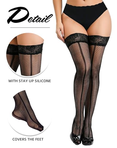 Image of Women Sexy Tights Fishnet Stockings Thigh High Lace Top Silicone Stay Up