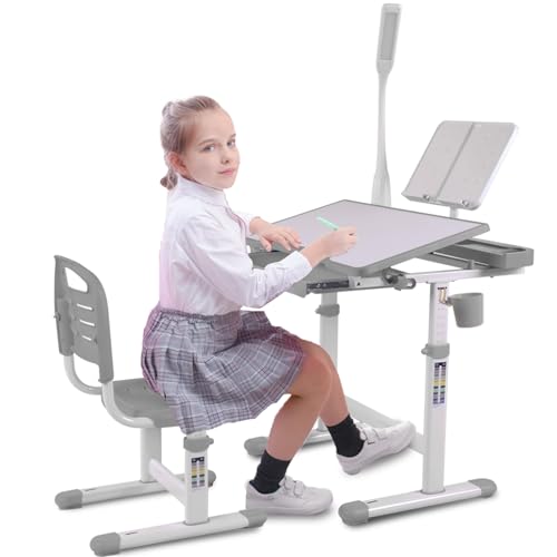 Napfox Kids Art Desk & Chair Set - Adjustable Height Drafting Table with 40-Degree Tilt, LED Light, Bookstand - Grey