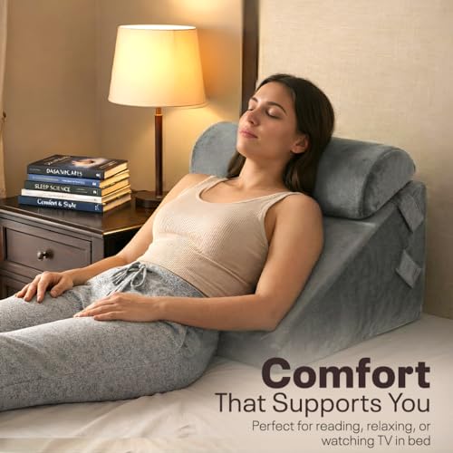 Image of Orthopedic Adjustable Wedge Pillow with Memory Foam & Headrest for Back Support, Leg Elevation, Acid Reflux, GERD, Snoring Relief - 7 Inclines - Soft Washable Cover - Grey (56 x 53 x 38 CM)