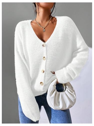 Image of SHENHE Women's Cardigan Sweater Fuzzy Button Down Long Sleeve Open Front Drop Shoulder Cardigan Outwear