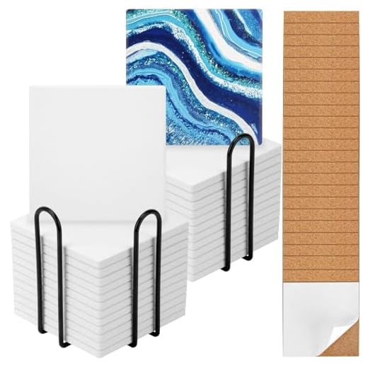 24 Pack Ceramic Tiles for Crafts Coasters with 2 Holder,White Unglazed Ceramic Tiles with Cork Backing Pads, Use with Alcohol Ink or Acrylic Pouring Make Your Own DIY Coasters (Square)
