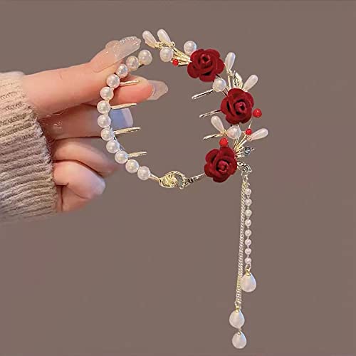 Pinzas para el cabello con perlas y rosa roja Myhiju miniatura 6