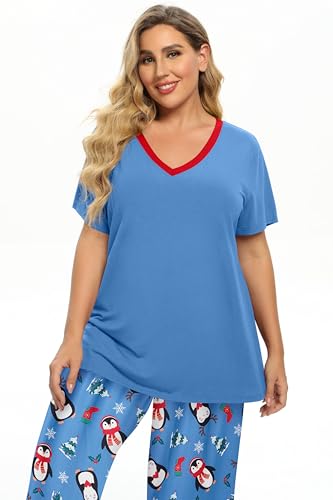 Image of Vozanet Women's Pajamas Set Soft V Neck Sleepwear Top and Capri Pj Lounge Sets Cartoon Heart Shape Cat Nighty Plus Size