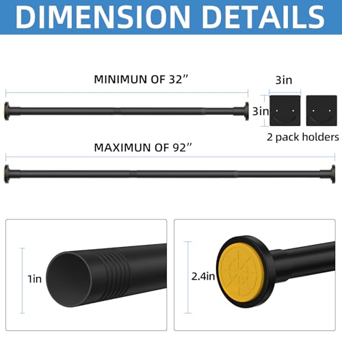 Image of CorkLatta Matte Black Shower Curtain Rod,1 Inch Diameter Stainless Steel Adjustable Spring Tension Rods 32 to 92 inch,with Holders,Anti-Slip,Curtain Rods No Drilling(1 Pack)