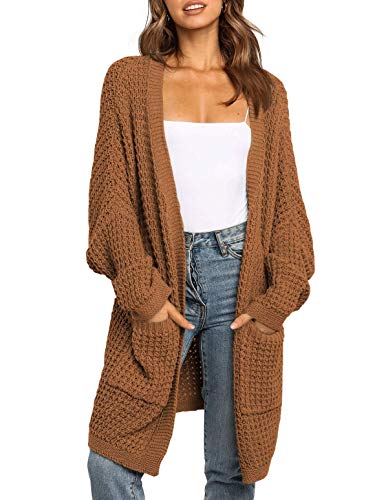 TARSE Womens Oversized Cardigan Waffle Open Front Knit Long Sweater with Pockets, Batwing Sleeve, Rust Brown, M