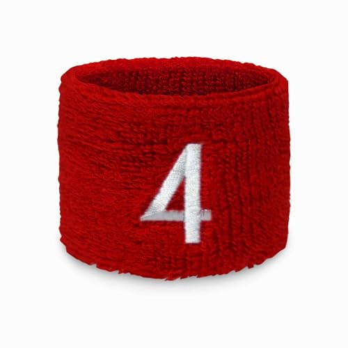 Couver Unisex Red Sports/Athletic with Number Embroidery Sweat Wristband, Number 4, One Size, 1 Piece