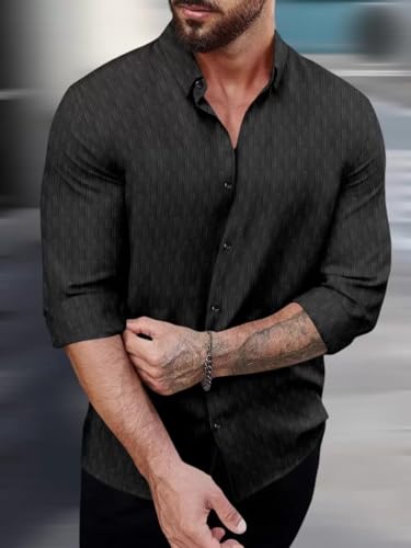 Image of DEELMO Men's Regular Fit Button Down Dress Shirts Textured Long Sleeve Casual Hawaiian Shirt