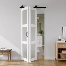 SMARTSTANDARD Bifold Barn Door 36in x 84in,Frosted Glass Barn Door with Hardware Kit Included,40in Track Kit for 2 Doors,Pre-Finished Sliding barn Door Slab Easy Assembly,MDF,White