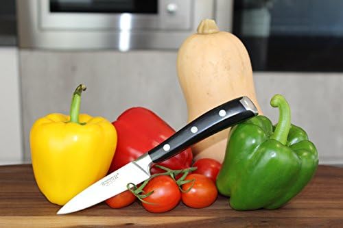 Professional Sabatier Kitchen Paring Knife - 3in/8cm Full Tang Blade Forged from Chrome-Molybdenum-Vanadium Stainless Steel. Chic Carbon Black Triple Rivet Handle. 25-Year Guarantee. Dishwasher Safe.
