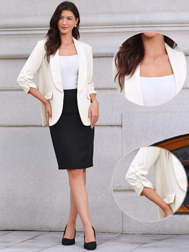 Allegra K Open Front Blazer for Women's Ruched 3/4 Sleeve Shawl Collar Office Dressy Suit Jacket2