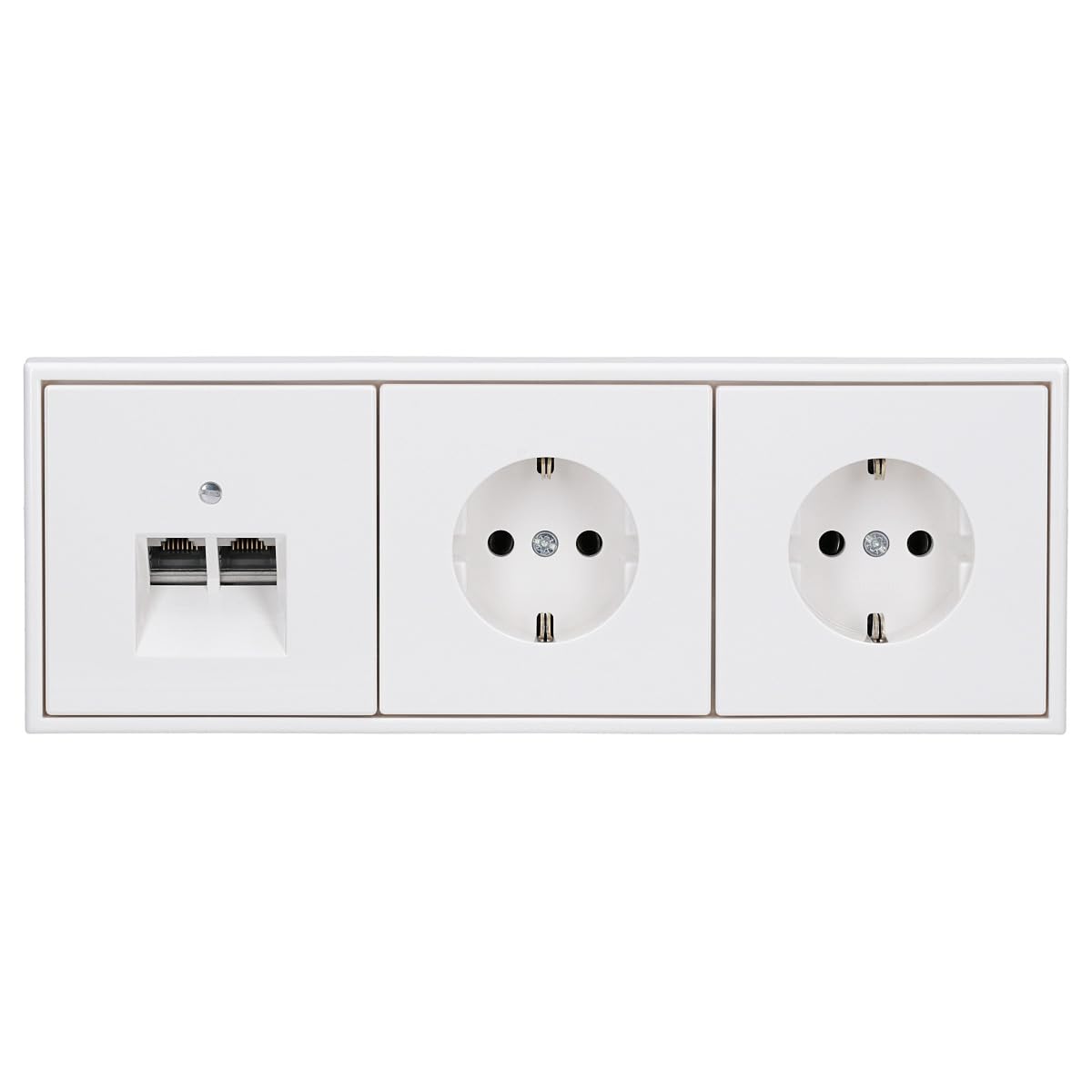 JUNG Serie LS Cat.6A Doppel-Netzwerkdose & 2 Steckdosen Schneeweiß Matt | Cat.6A UAE-Anschlussdose, LS969-2UAWWM Abdeckung, 2x LS1520WWM SCHUKO Steckdose, LS983WWM Rahmen 3-fach