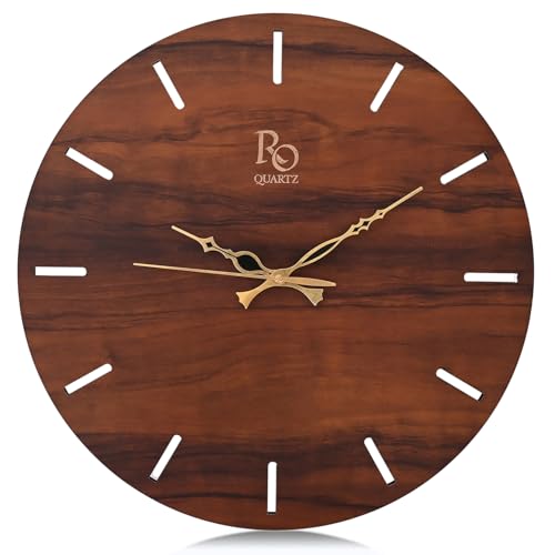 Image of Engineered Wood Round Shape Wall Clock with Metallic Hands & Silent Quartz Movement | Wooden Anti Reflection Analog Vintage Clock for Living Room Home and Office (Brown, 15 Inch)