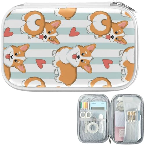 Image of Lovely Corgi Dogs Hearts Marble Pencil Bag Case Zipper Pencil Holder Organizer Stationary Pen Bag Cosmetic Makeup Bag Pouch Purse for School Office Supplies