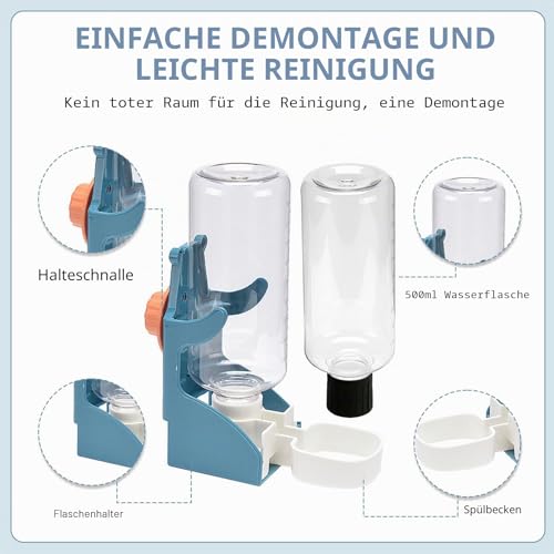 Rynvarl wasserspender Vogel - Wasserflasche*2, je 500 ml, trinkflasche meerschweinchen, für Wellensittiche, Papageien, Kanarienvögel, Nagetiere reinigen, auslaufsicher