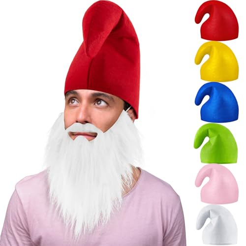 Jadive Zwerg Kostüm Set Zwergenmütze mit Zwergenbart Weißer Bart Karneval Wichtelmütze Weihnachtsmann Zipfelmütze Elfenmütze Lustiges Kostüm Zubehör für Erwachsene Halloween Weihnachtskostüm(Rot)
