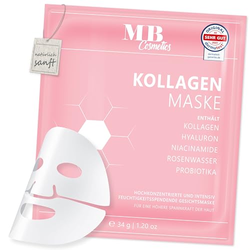 Kollagen Maske mit Hyaluron & Niacinamid – Hydrogel Gesichtsmaske zur Faltenreduktion & Feuchtigkeitspflege – Probiotika-Komplex für straffere Haut – Tuchmaske für Damen – Made in Germany