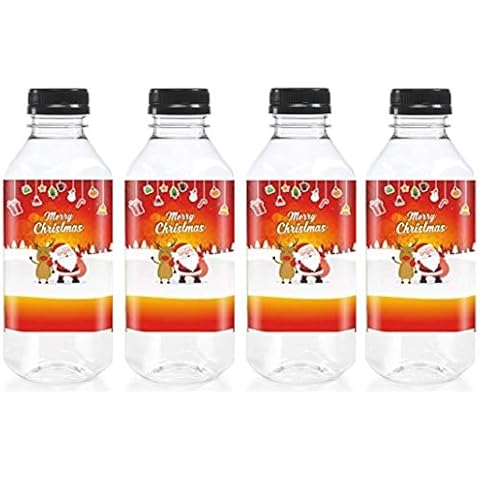(8) 16 oz. Clear Food Grade Plastic Juice Bottles with Tamper Evident Caps 8/pack (16 oz., Black Lids w/Christmas Stickers) Cover
