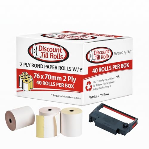Lot de 40 rouleaux de papier double épaisseur non thermique Blanc/jaune 76 mm