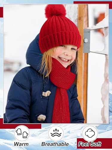 Image of JaGely 2 Sets Kids Winter Hat Gloves Scarf Set Girls and Boys Knit Hat with Pom Warm Scarf Snow Gloves for 3-10 Years Toddler