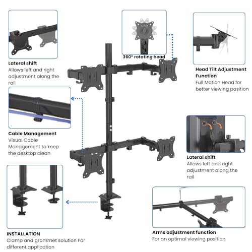 Image of UNIQ Mounts Quad Monitor Mount for 13 to 27 Inch Screens, 4 Arm Heavy Duty Stacked Desk Setup with Swivel, Rotation, Tilt, VESA 75x75 /100x100, 8kg Capacity per Arm, C Clamp & Grommet