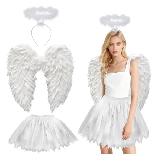 3 unidades de disfraz de ángel blanco para mujer, 60 cm, alas de ángel para adultos con aureola, 70-110 cm, falda de tul para mujer, disfraz de ángel para Halloween, carnaval, cosplay, fiesta, fiesta