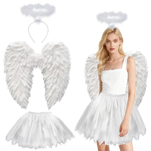 YeahBoom 3 Stück Weiß Engel Kostüm Damen,60cm Engelsflügel Erwachsene mit Heiligenschein,80-130cm Tüllrock Damen,Engelskostüm für Halloween...