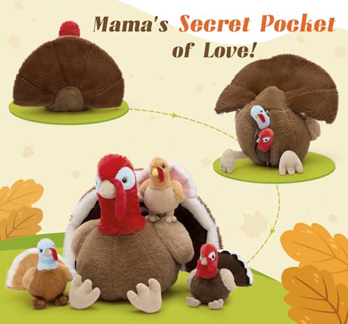 Image of Thanksgiving Turkey Stuffed Animal with 3 Babies, 14 inch Fall Plush