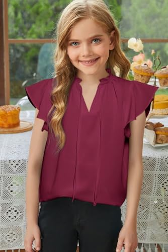 Image of DOKOTOO KIDS Girls Short Sleeve Blouse Dress Shirt Top Size 7-15 Years Old | None Elastic Fabric, Ruffle V Neck, Pull on, Solid Collared Formal, Flowy Casual Flutter Spring Summer Western Top