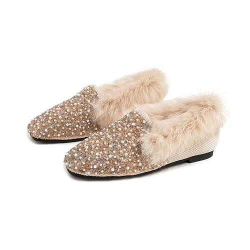 Women's Rhinestones Fuzzy House Slippers Sparkly Bow Fur Lining Warm Slip-on Loafer Pearl Square Toe House Bedroom Slides Slippers