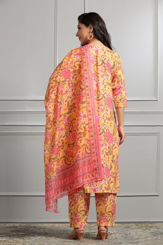 Dhruvi Trendz Women Cotton Blend Fancy Kurta Set Regular Fit Printed (Dt-K2740&P162&D107_Yellow_L)