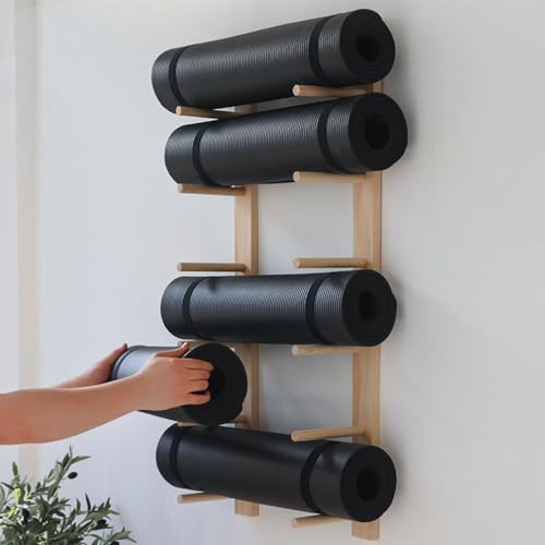 Soporte para esterilla de yoga, estante de almacenamiento de pared para tapetes y rodillos de espuma, diseño que ahorra espacio para gimnasio en casa o sala de yoga