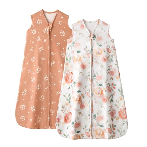 Baby Sleep Sack 6-12 Months, 0.5 TOG Wearable Blanket for Baby Boy and Girl, 2-Way Zipper Newborn and Infant Sleeping Bag 2 Pack, Lightweight Sleep Sacks Orange Flower（Medium）
