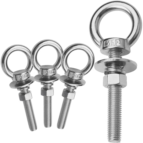Image of 4 Pack M12 Eye Bolts with Nuts, 304 Stainless Steel 1 /2 inch x 3 inch Heavy Duty Lifting Eye Bolts, Metric M12x77mm Ring Eye Bolt for Hanging, Tie Down, Outdoor & Hardware Fixing (4, 1 /2 inchx3 inch)