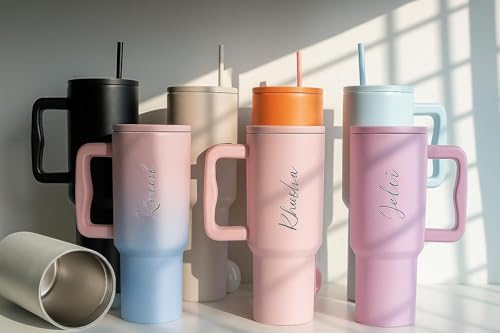Image of VOLITO Personalised 1200ml Tumbler with Straw & Handle - Custom Name Stainless Steel Double Wall Insulated Cup - Leakproof Sipper Mug for Hot & Cold Drinks - Travel Coffee & Water Tumbler (Black)