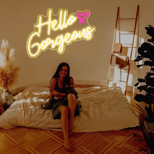 Image of DAKABUKA Hello Gorgeous Neon Sign Hello Beautiful Warm White LED Neon Lights for Home Wedding Birthday Backdrop Bacelorette Party Wth Dimmable Switch(5V,16.5X10.6inches)
