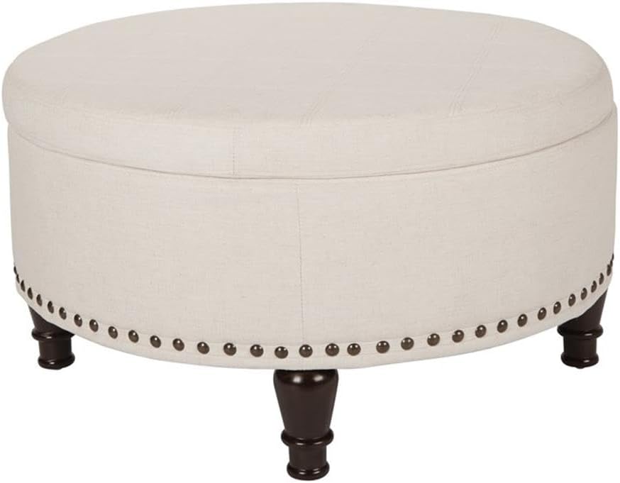 Pemberly Row Modern Round Storage Ottoman, Linen Cream Fabric, 32"x32"x18", Decorative Nailheads, Espresso Finish Legs, Reversible Tray Lid, Spacious Interior Storage, Stylish Living Room Seating