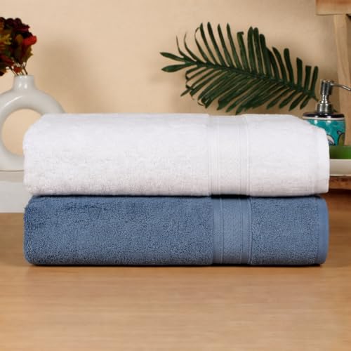 Image of Arvind 100% Cotton Towels for Bath | Towels for Bath Large Size | 500 GSM Bath Towel - Soft & Absorbent | 2 Piece Bath Towel for Men /Women | Urban Comfort | 70 cm x 140 cm - Dark Blue & White