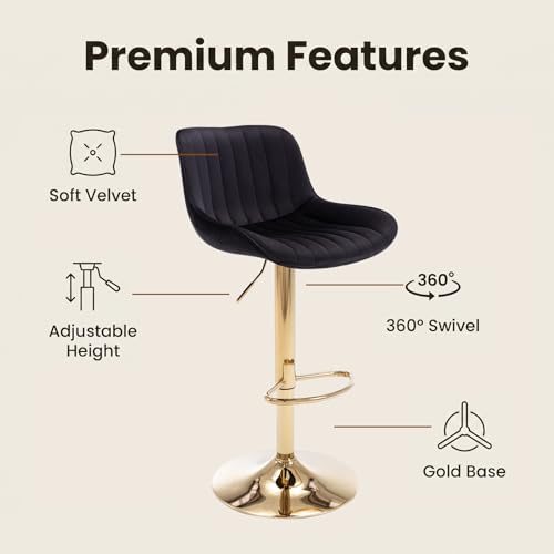 Image of ECHINGLE Velvet Bar Stools Set of 2 - Swivel Counter Height Barstools with Back & Adjustable Height, Modern Gold Kitchen Island Stools for Bar, Armless Pub Stools, Soft Black Upholstered Seating