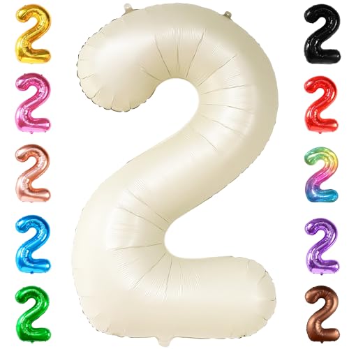 Image of KatchOn Cream White Number 2 Balloon - 40 Inch, 2nd Birthday Party Decoration, Reusable, Unisex | Cream White 2 Balloon Number Two Cool Birthday Party Decorations, Cream White Two Balloon, 2nd Birthday Decorations for Girls
