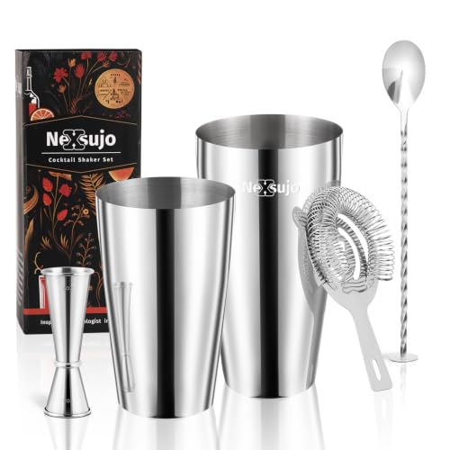 Nexsujo Boston Cocktail Shaker Set 4-Piece Bar Tools Set Professional Bar Set with Boston Shaker Bar Spoon Jigger Hawthorne Strainer Stainless Steel Dishwasher Safe Ideal Bartender Kit for Bar