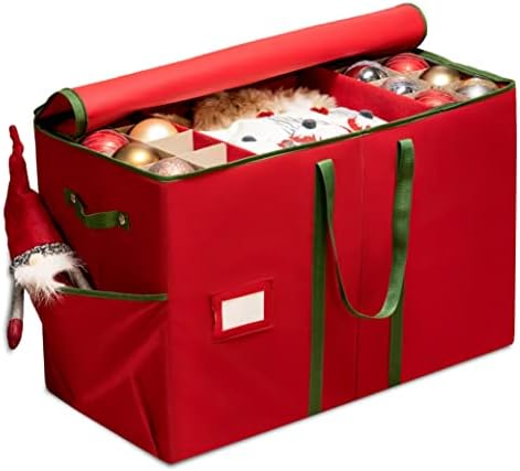 ZOBER Large Christmas Ornament Storage Box - Stores 80 3" Ornaments, With Dividers - With Large Compartment for Figurines, and Accessories, Durable Christmas Containers Holder, 4 Extra Pockets - Red