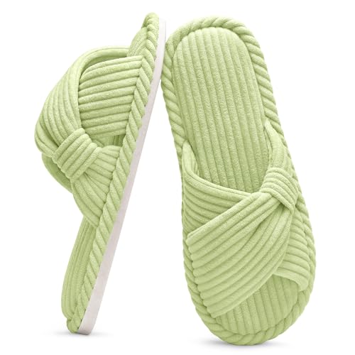 Image of Evshine Summer House Slippers for Women Corduroy Cross Bow Indoor Slippers Open Toe Slip On Bedroom Shoes with Memory Foam