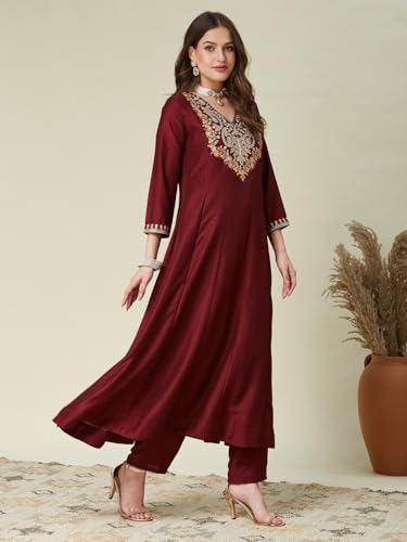 Image of MOKOSH Women's Silk Embroidered Anarkali Kurta Pant & Dupatta | Anarkali Kurta Set |Embroidered | V Neck 3 /4 Sleeve Ethnic Suit |3 Piece Outfit | Floral 3 Colour Options Available
