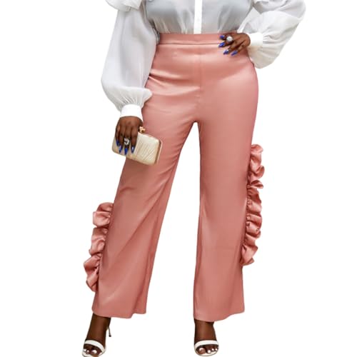 AOMEI Women's Pink Shiny High Waist Ruffled Trim Pants Straight Leg Bottoms Trousers