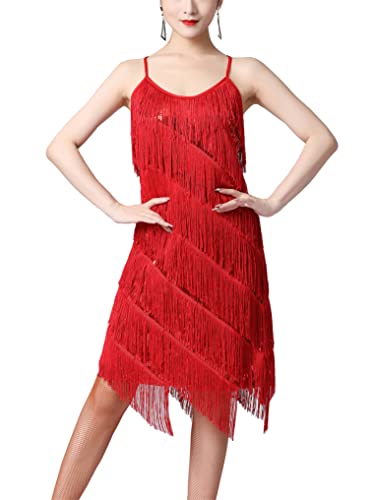 Oyolan Damen Latein Kleid Glitzer Frasen Quasten Flapper Kleider mit Verstellbaren Spaghettiträgern Rumba Cha Cha Tango Tanzkleid Rot S