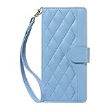 iPhone 15 Pro Max用ジェネリックケース(カラー:ブルー) グリッド ラグジュアリー プレミアム レザー ウォレット マグネット フリップ バック ケース