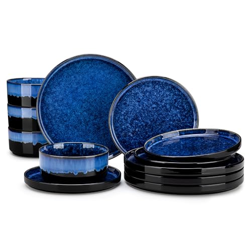 Image of vancasso Starry Plates and Bowls Sets,12 Pieces Blue Dinnerware Sets for Kitchen,Modern Stoneware Dishes Set for 4,Dishwasher and Microwave Safe