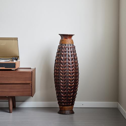 Large Hand-Woven Bamboo Floor Vase, Tall Home Decor Floor Vase for Fake Flower Dried, Flower Holder for Living Room, Bedroom, Dining Room, Entryway, Hallway