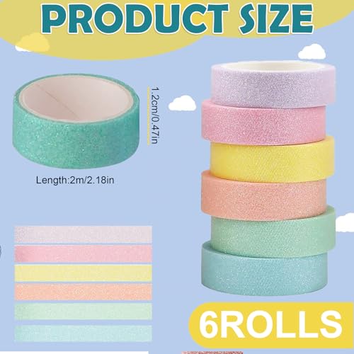 6 Rollen Glitzer Washi Tape Set – Buntes Glitzer Masking Tape für DIY, Bullet Journals, Scrapbooking, Geschenkverpackungen und Dekorationen (6 Farben)